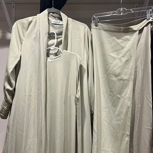 Veiled collection 3 pc set abaya with sleeveless dress and over skirt with belt